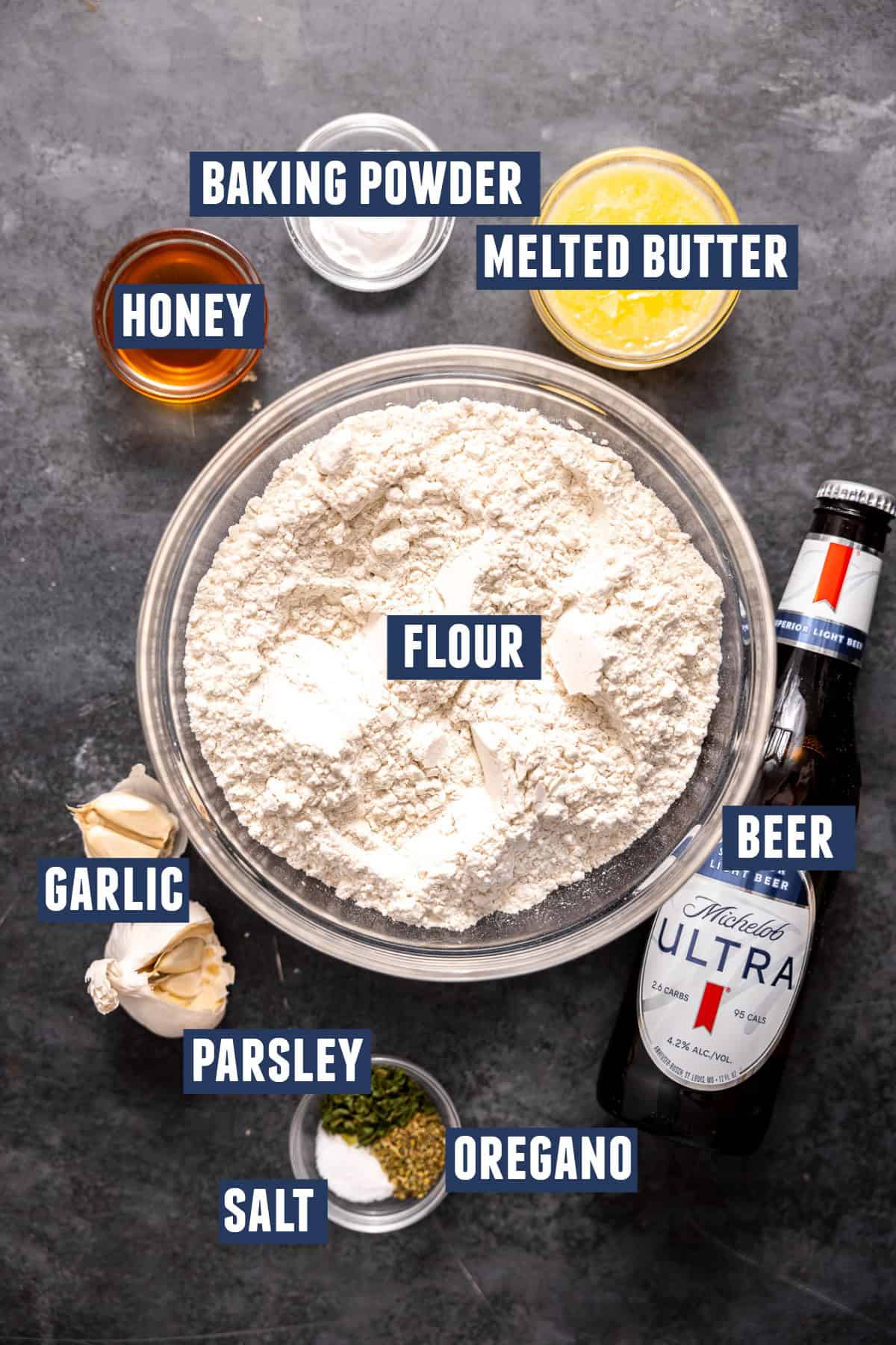 Ingredients needed to make beer bread. 