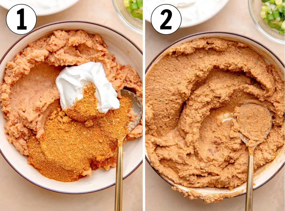 Refried beans being mixed with sour cream and taco seasoning to make a bean dip layer for seven layer dip. 