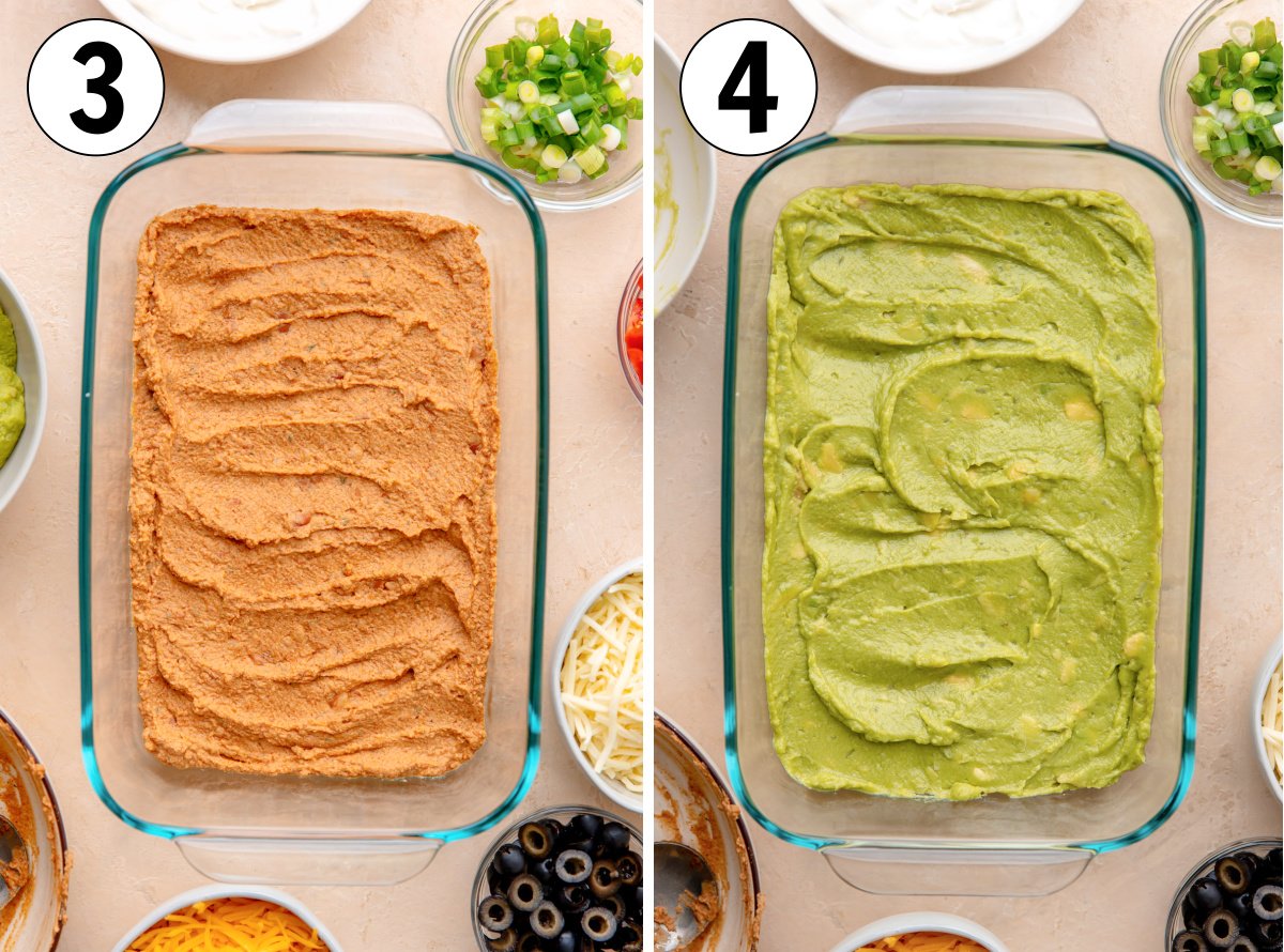 Spreading bean dip in the bottom of a casserole dish and topping with a layer of guacamole for seven layer dip. 