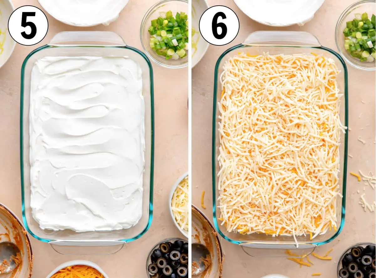 Spreading sour cream and adding shredded cheese to make seven layer dip. 