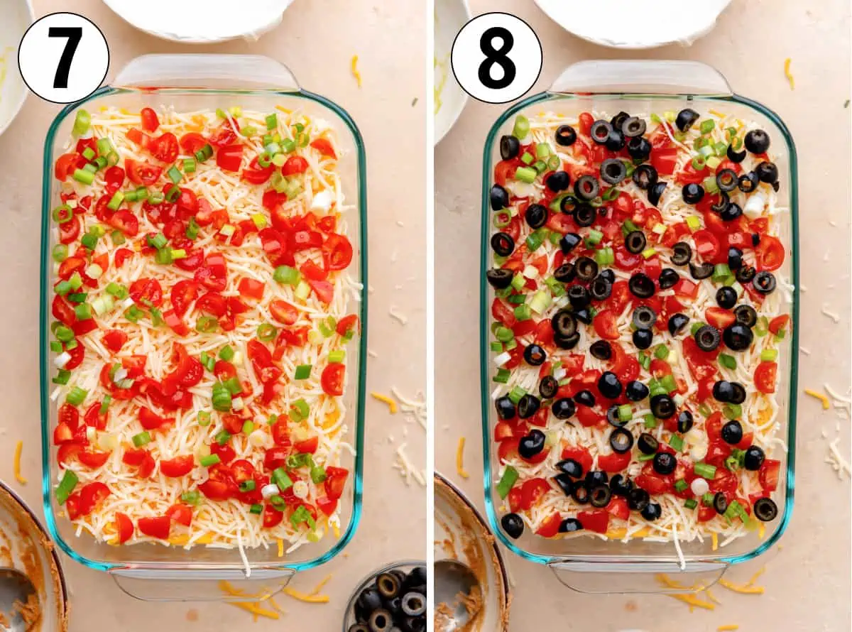 Adding diced tomatoes, green onion and sliced olives for the topping of seven layer dip. 