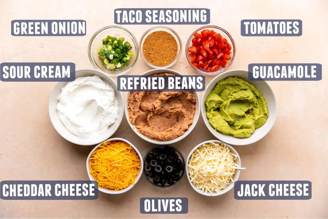 Ingredients needed to make seven layer dip laid out on the counter.
