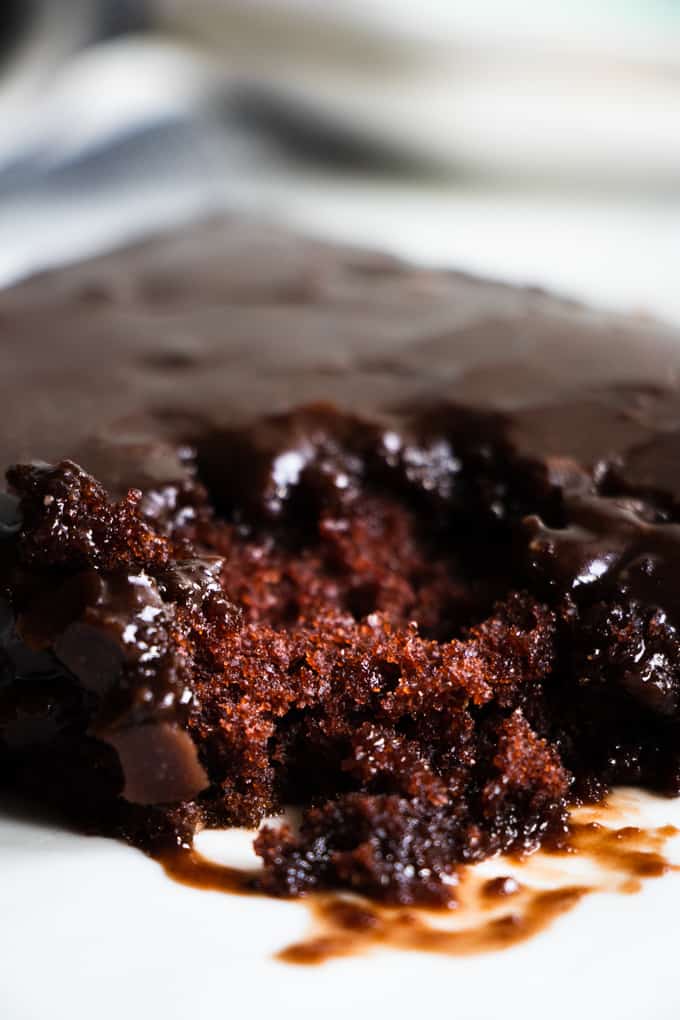 Close up of the tender crumb of a chocolate Texas Sheet Cake with fudgy icing on top.