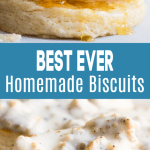 Biscuits being drizzled with honey and topped with sausage gravy.