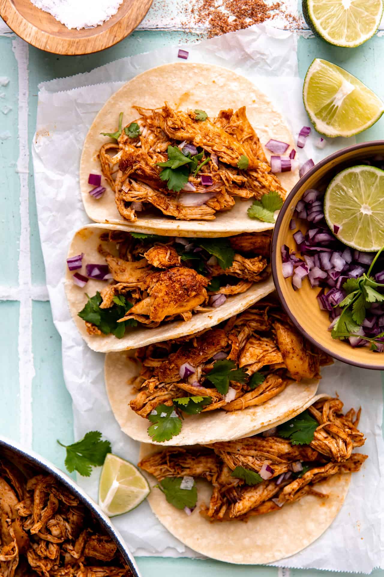 30 minute chicken tacos made with easy shredded Mexican chicken.