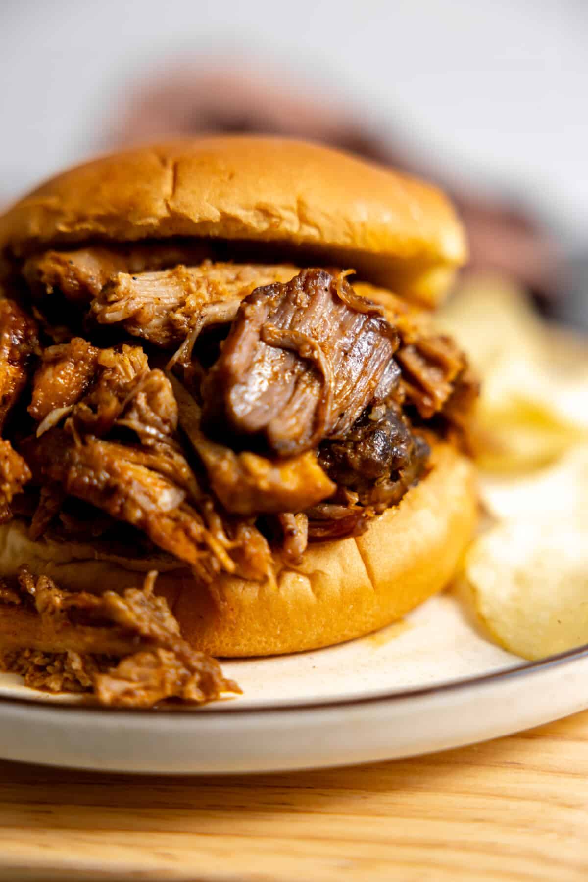 Pulled pork sandwich served with potato chips.