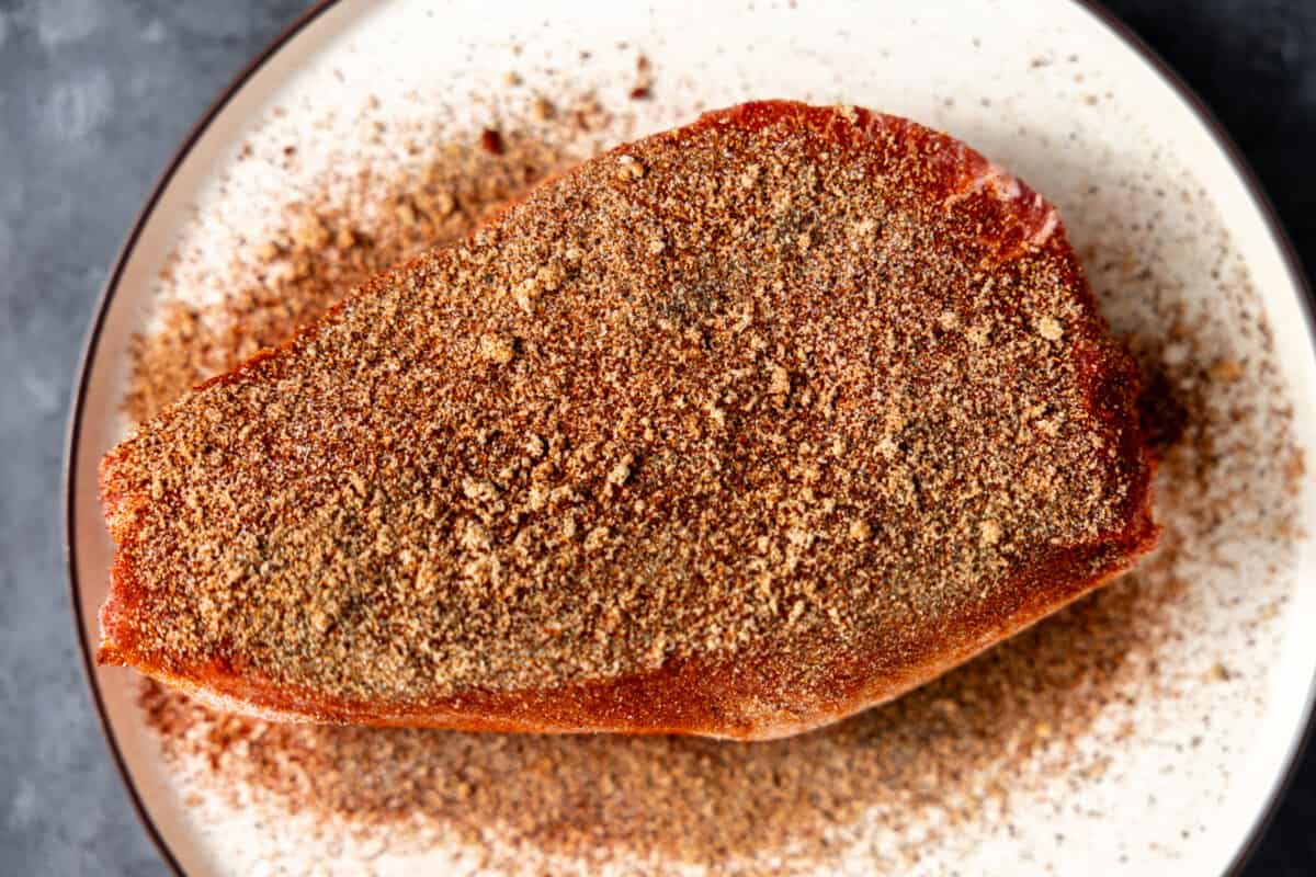 Pork should with a dry rub sprinkled on top.