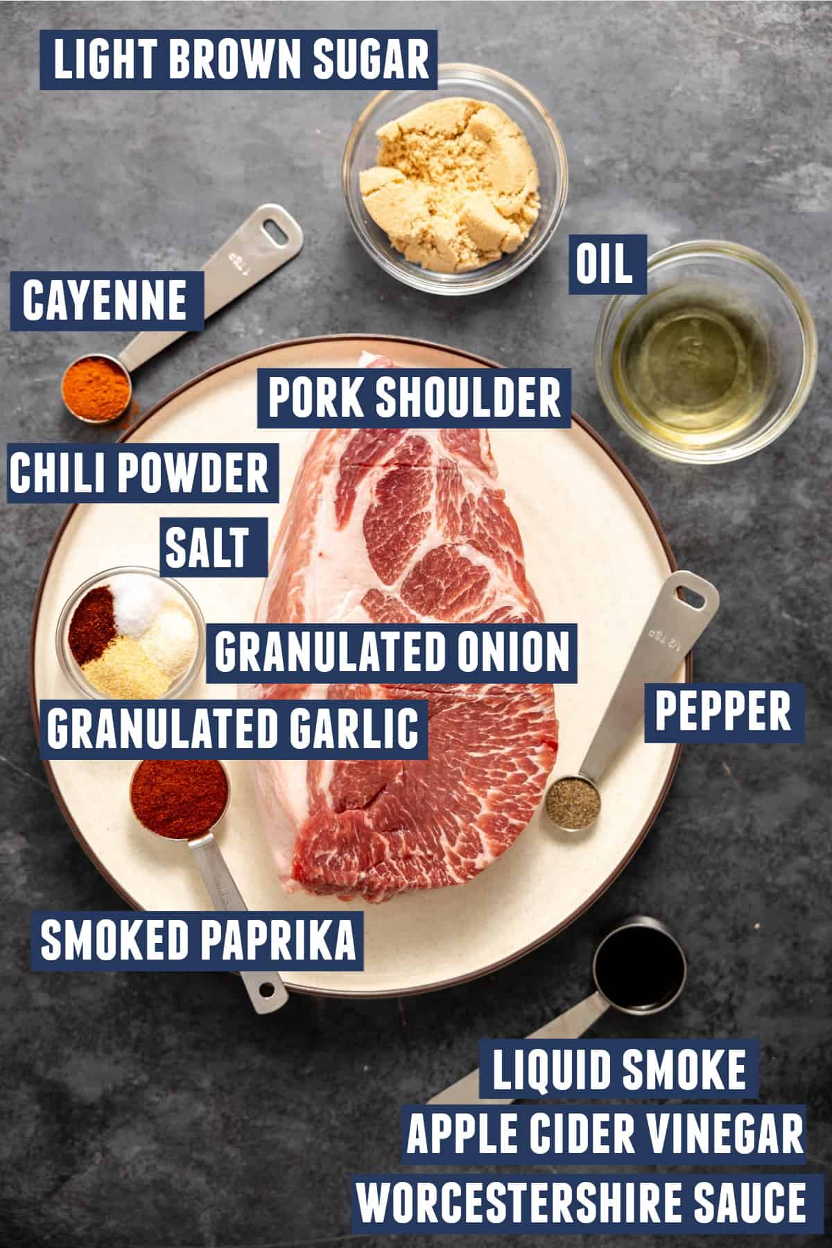 Ingredients needed to make a slow cooker pulled pork.