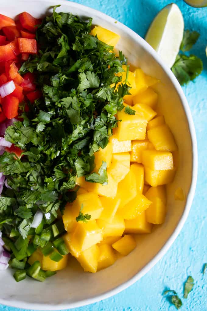 Close up of diced up mango ready to make mango salsa.