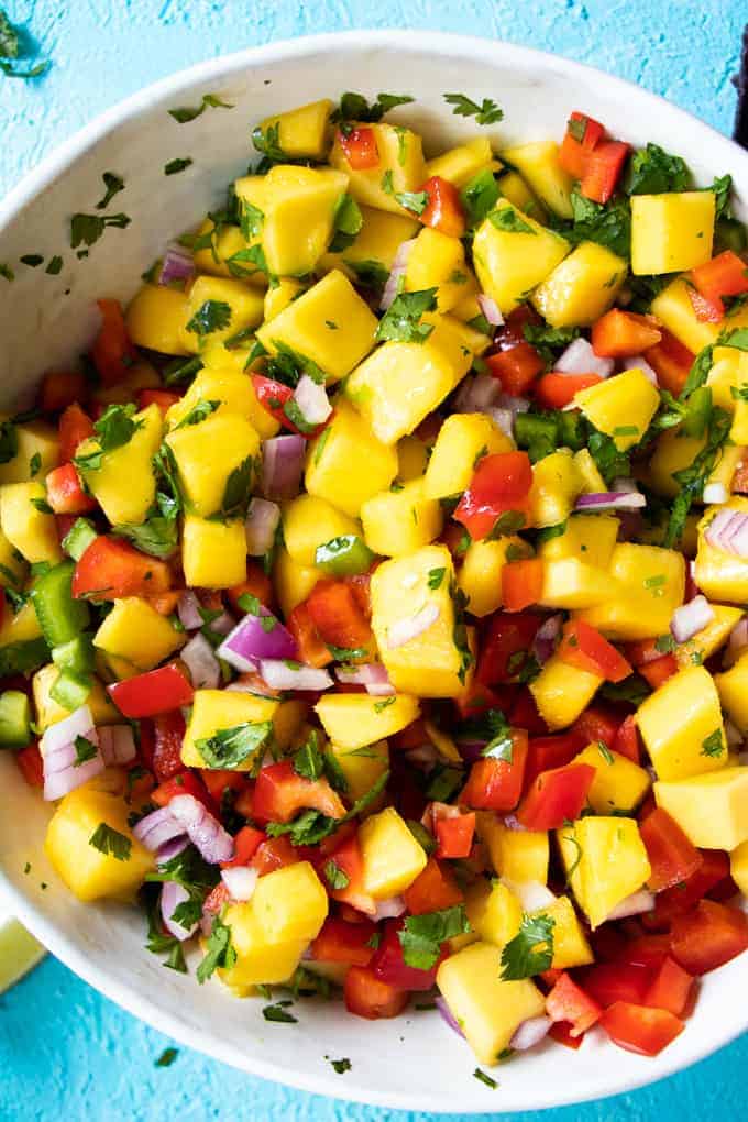 Bowl of freshly Made mango salsa. 