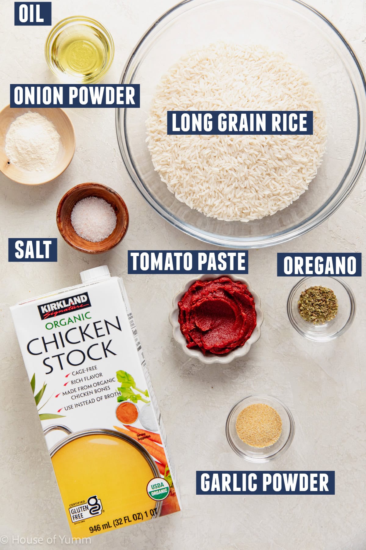 Ingredients needed to make homemade Mexican rice.