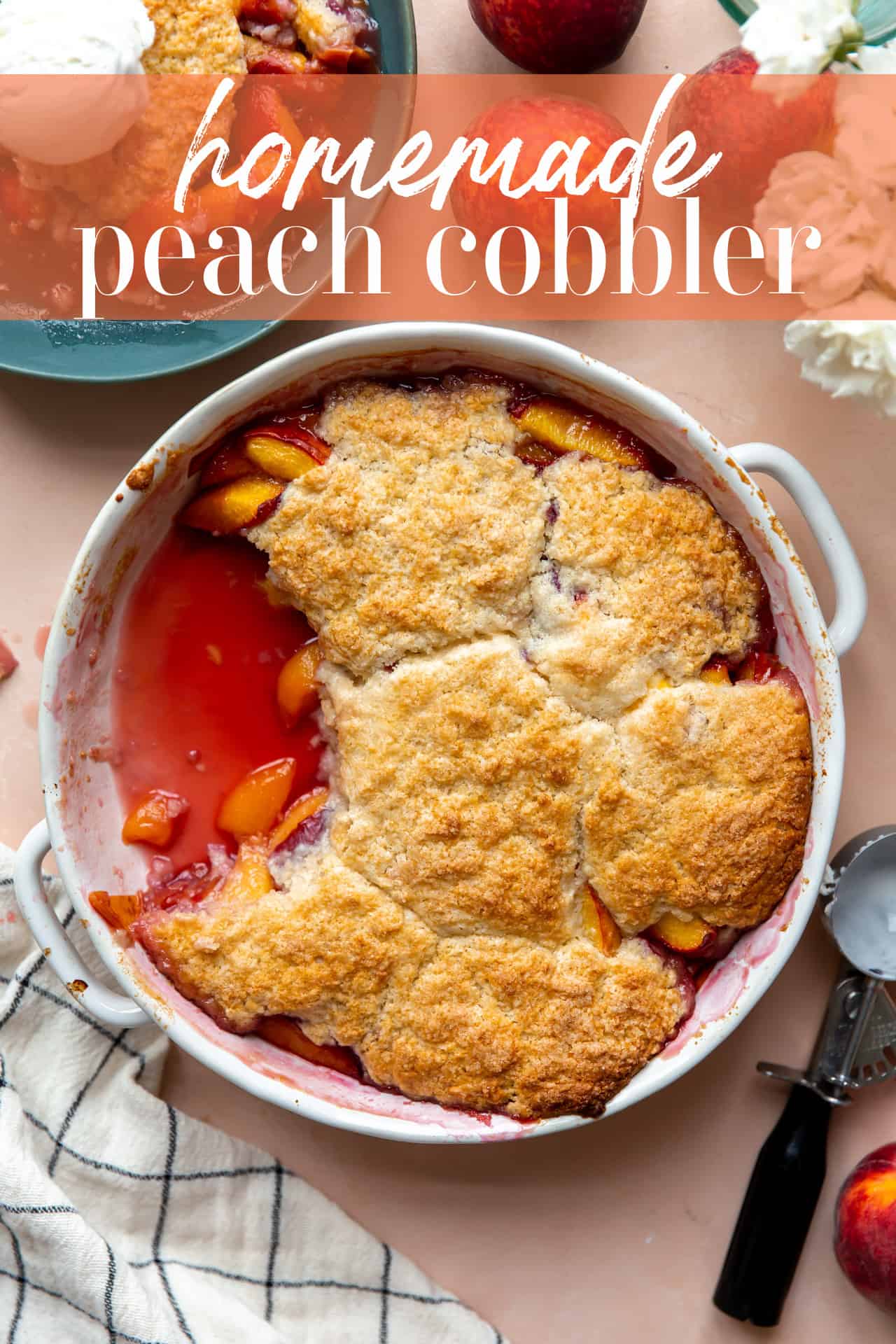 Dish filled with baked peach cobbler