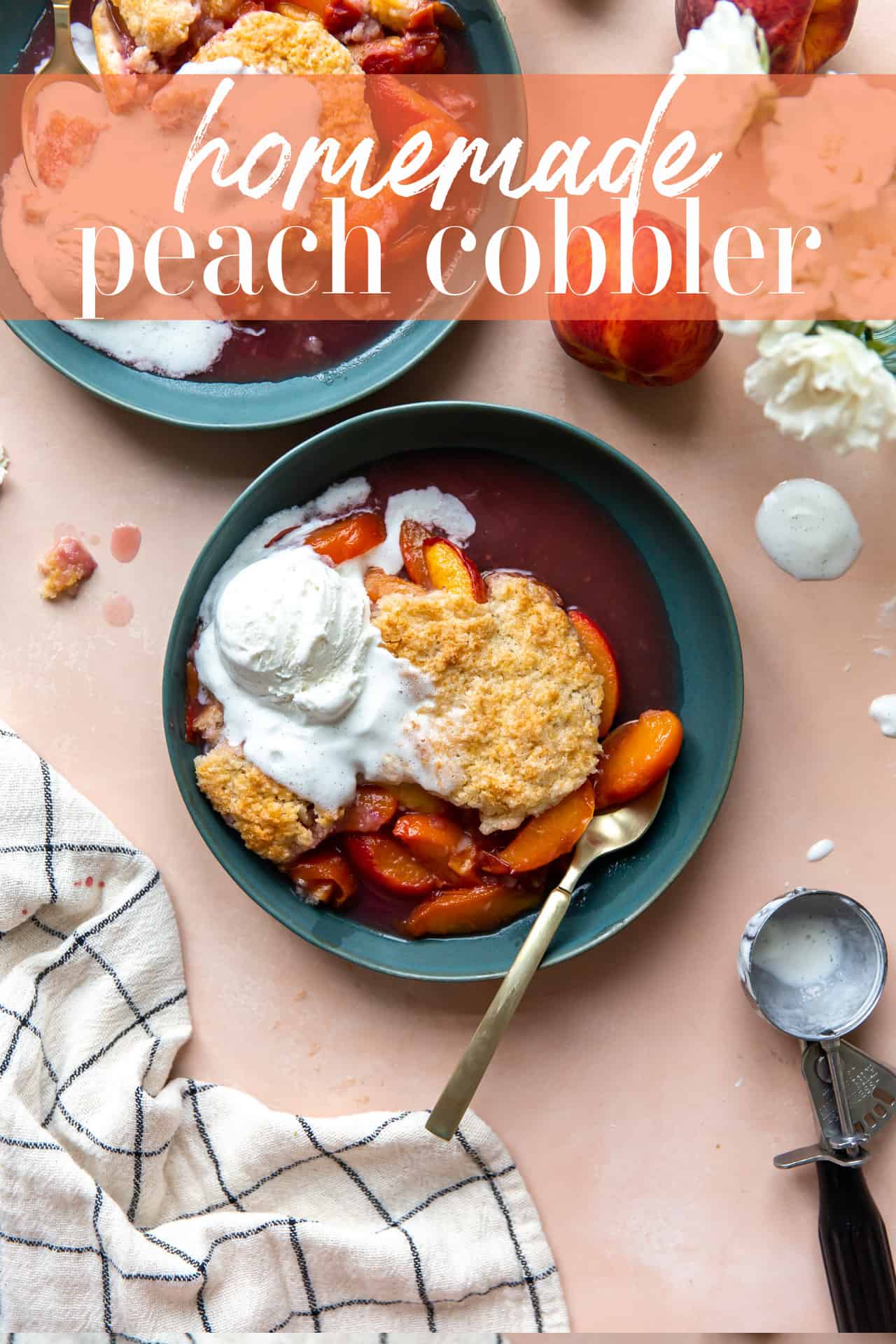 Bowl of dished up peach cobbler served with ice cream.