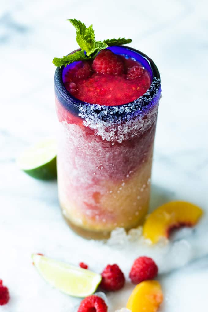 Homemade peach raspberry margarita. 