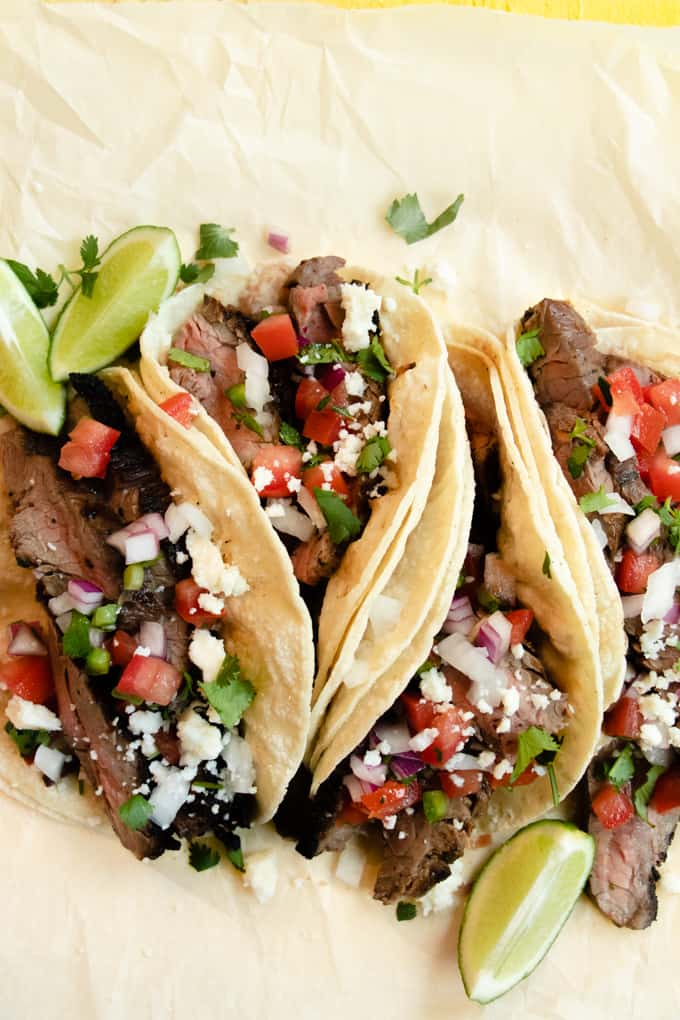 Tex Mex street tacos topped with Cotija, pico de Gallo and cilantro.