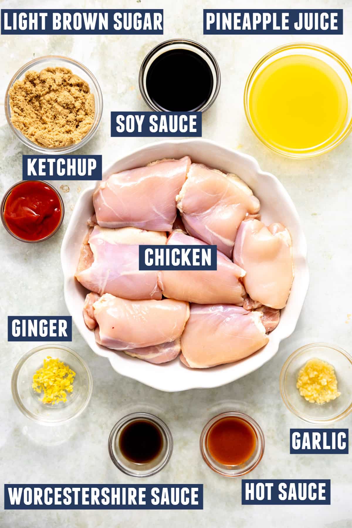 Ingredients needed to make Huli Huli Chicken. 