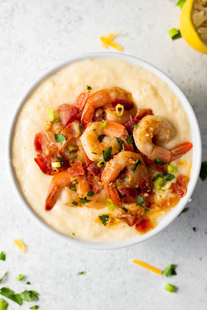 A bowl filled with quick and easy shrimp and grits.