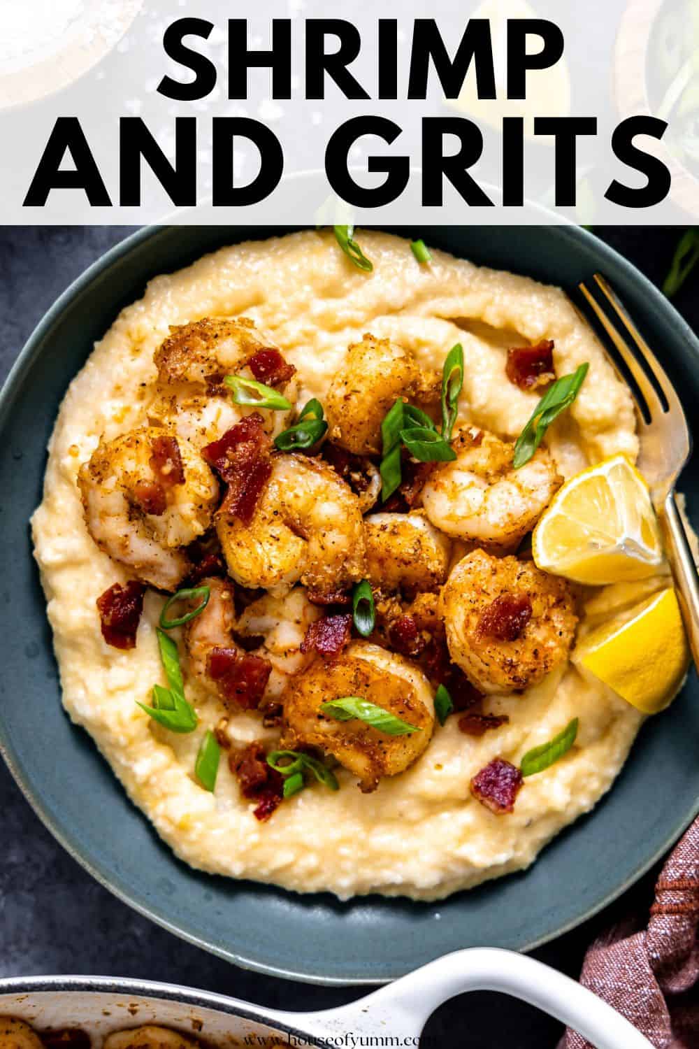 Shrimp and grits with text.