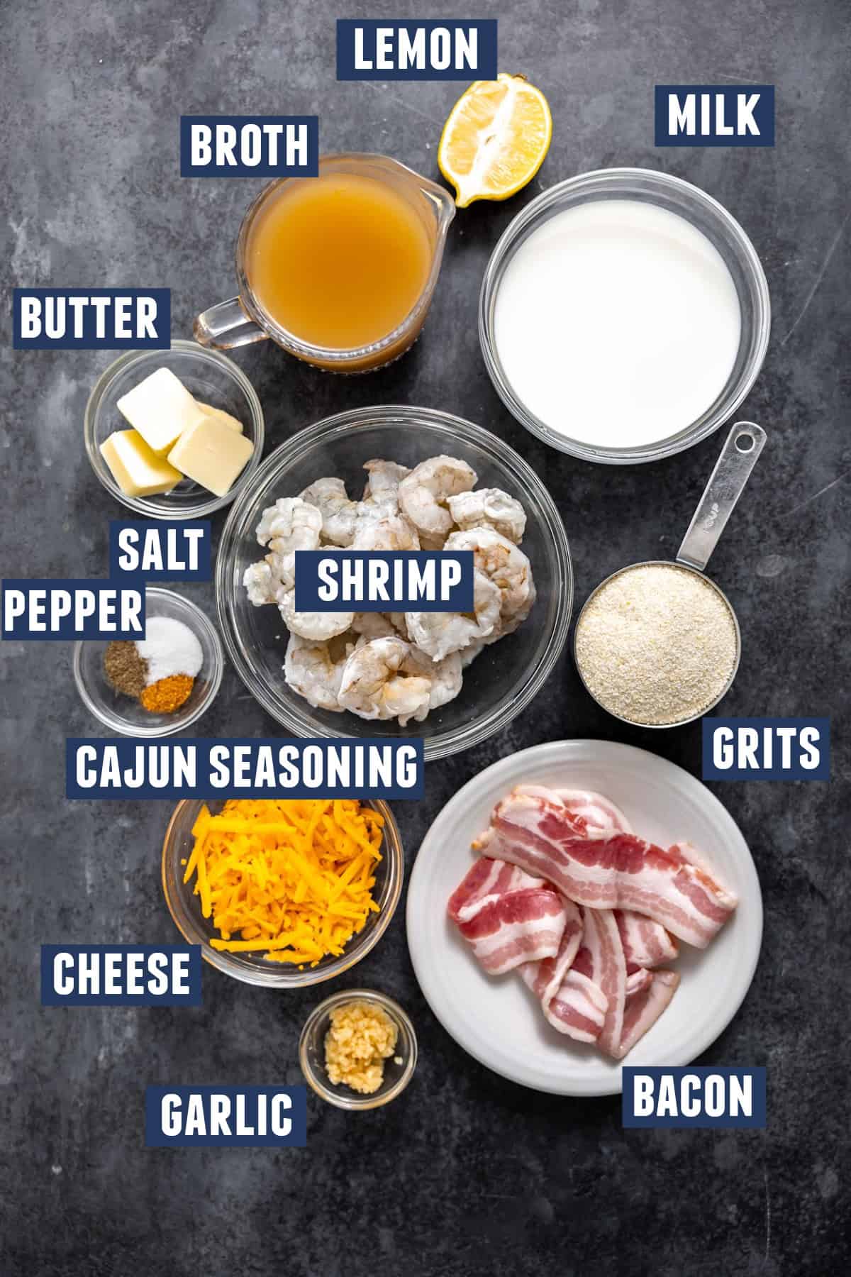 Ingredients needed to make shrimp and grits.