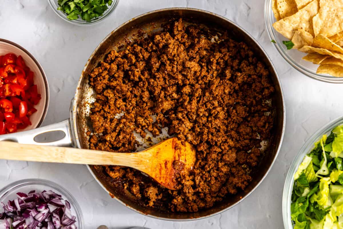 Cooked ground beef taco meat in a skillet. 