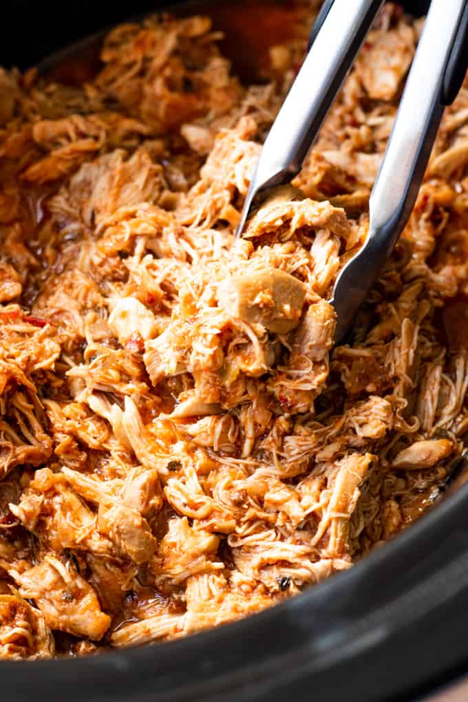 Pot filled with shredded Chicken Tinga. 
