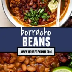 Tall collage image showing cooked borracho beans topped with cilantro and lime.
