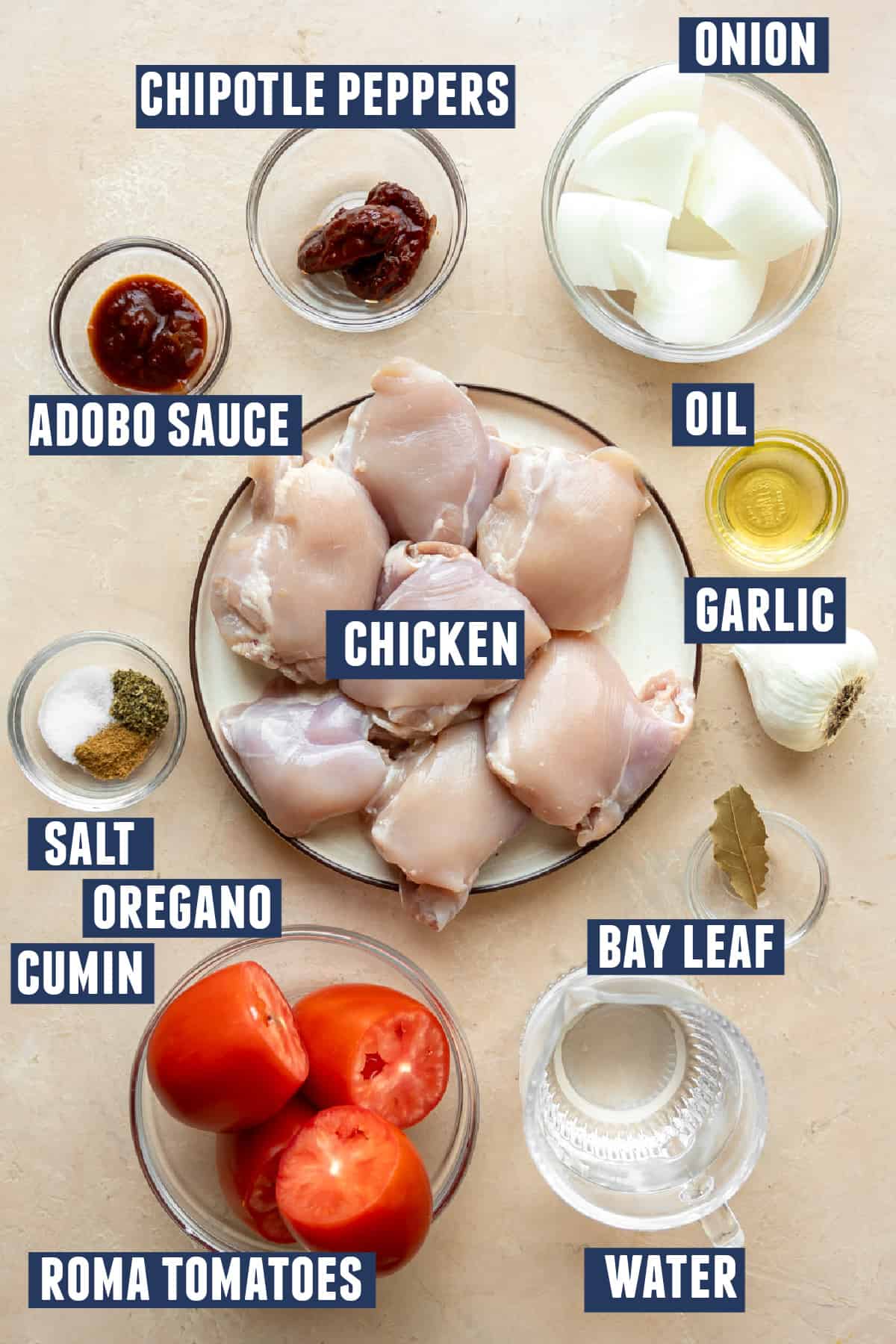 Ingredients needed to make chicken Tinga laid out on the counter. 