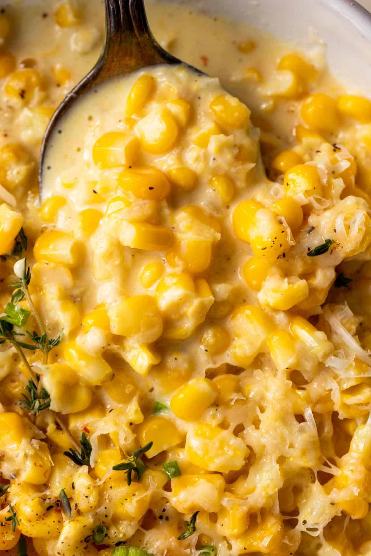 Up close view of homemade creamed corn showing the creamy texture. 