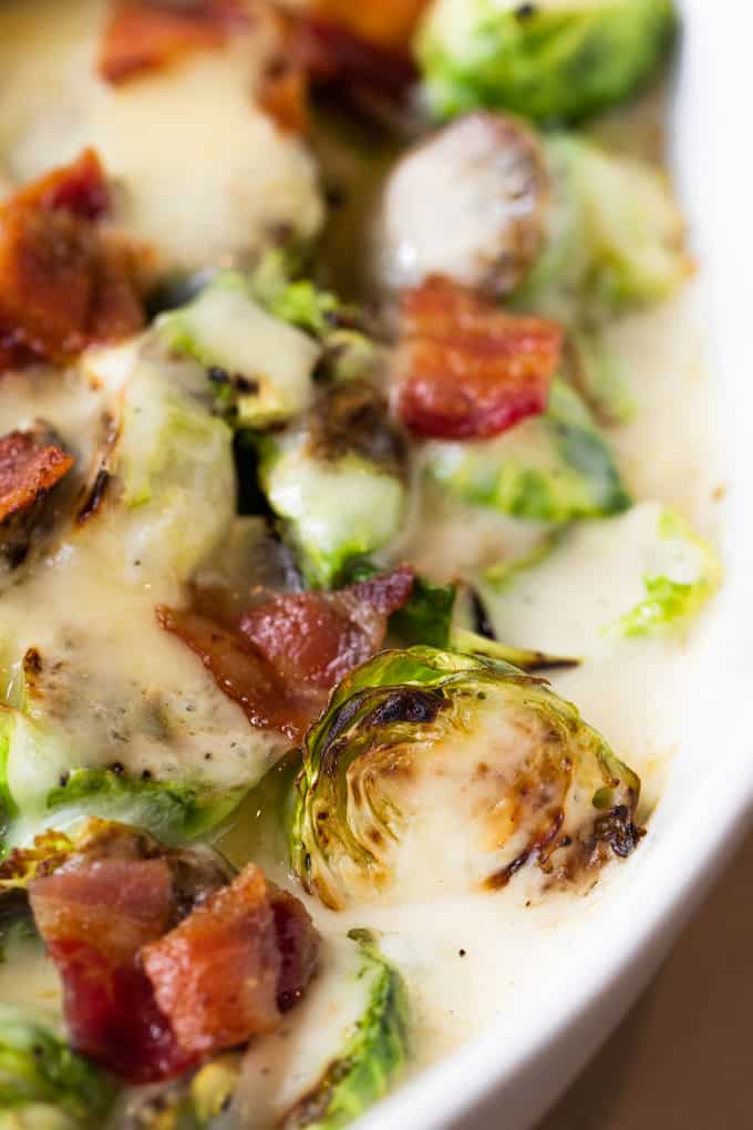 Roasted Brussels sprouts in a creamy parmesan sauce.