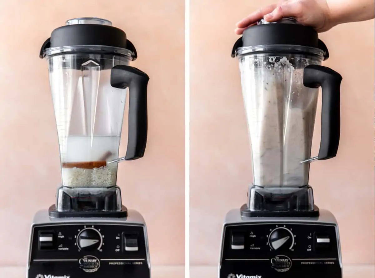 Collage showing a blender filled with water, rice and cinnamon, and then after being blended.