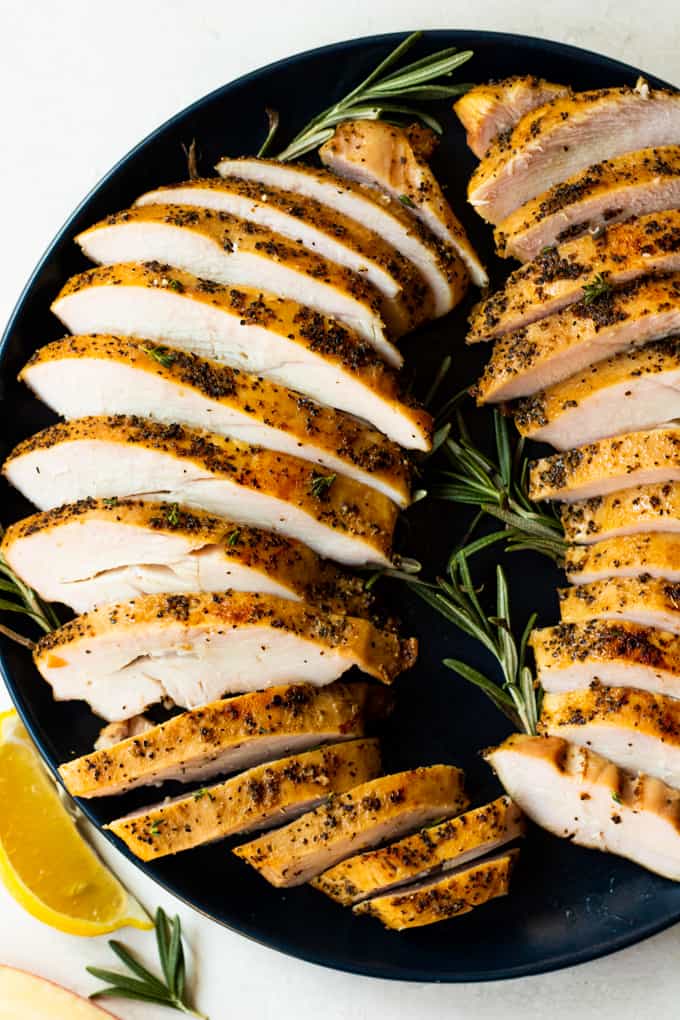 Plate with two sliced turkey breasts ready to serve. 