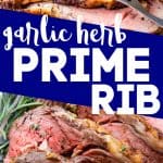 Garlic Herb Prime Rib long pin showing sliced prime rib.