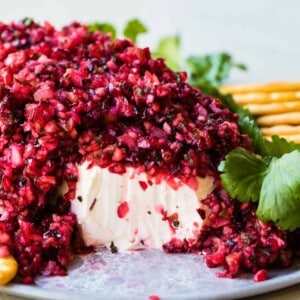 Cranberry salsa served over a block of cream cheese and served with crackers.