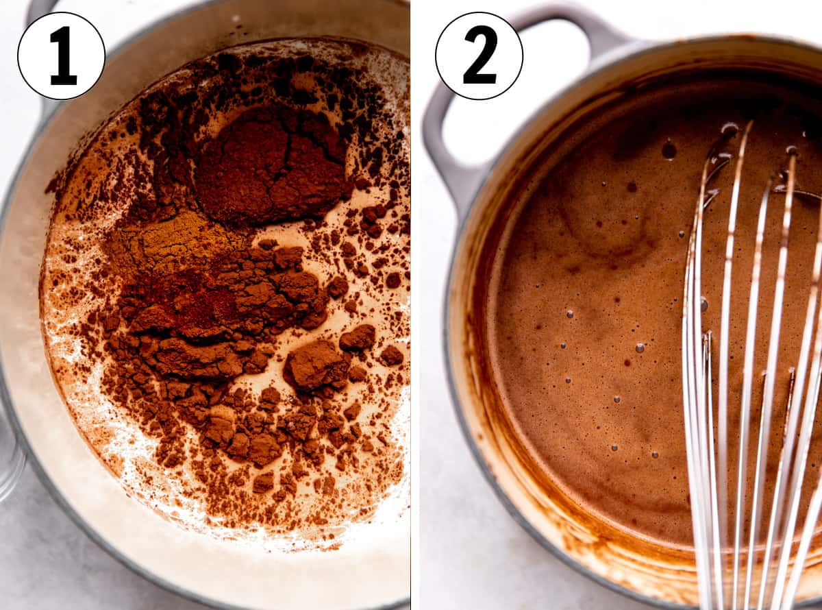 How to make mexican hot chocolate showing ingredient being added to a pot of milk and after cooking.