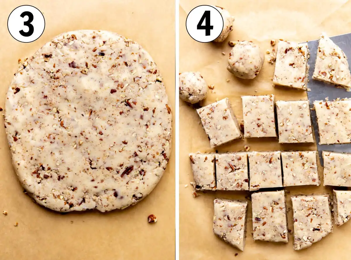 Mexican wedding cookie dough pressed out then cut into equal size portions for rolling. 