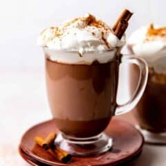 Mug of mexican hot chocolate topped with whipped cream and sprinkle of cinnamon.