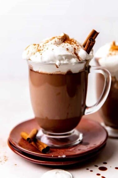Mug of mexican hot chocolate topped with whipped cream and sprinkle of cinnamon.