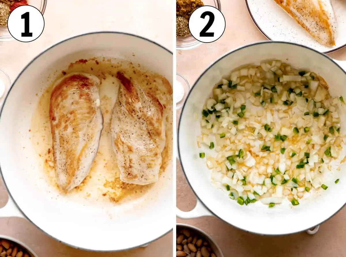 How to make White chicken Chili, showing searing chicken in a large dutch oven, and sauteing onion and jalapeno. 