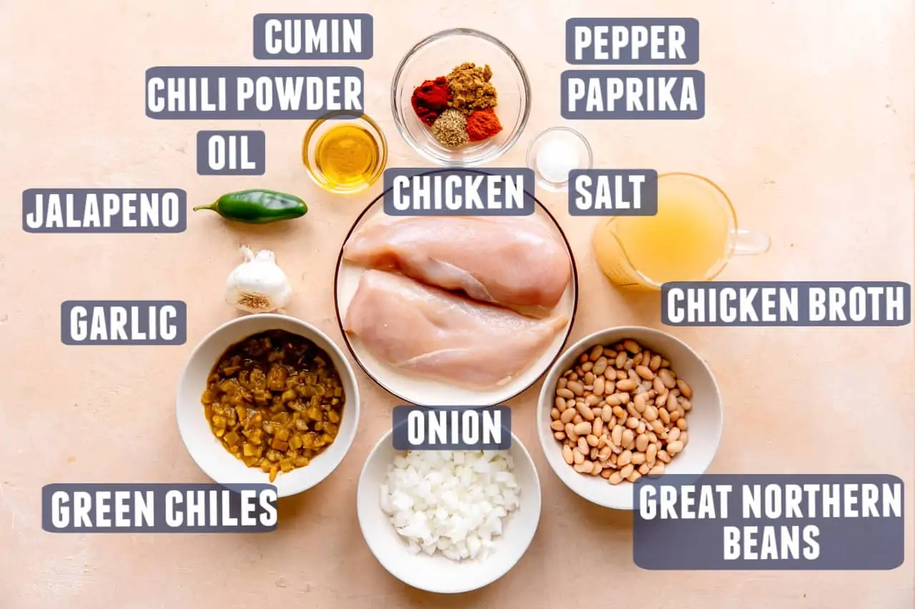 Ingredients needed for white chicken chili laid out on the counter.
