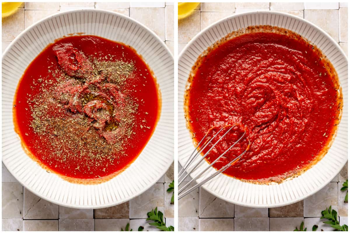 Ingredients to make pizza sauce in a bowl before and after mixing.
