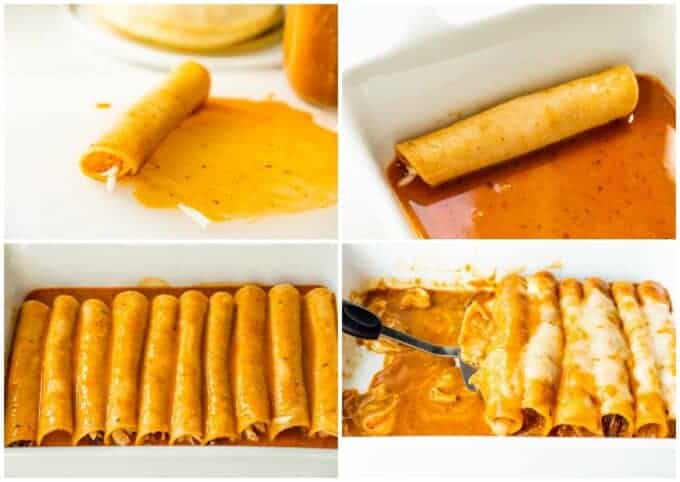 Step by step how to make enchiladas. Rolling tortillas around filling, laying in baking dish, and coated with sauce.