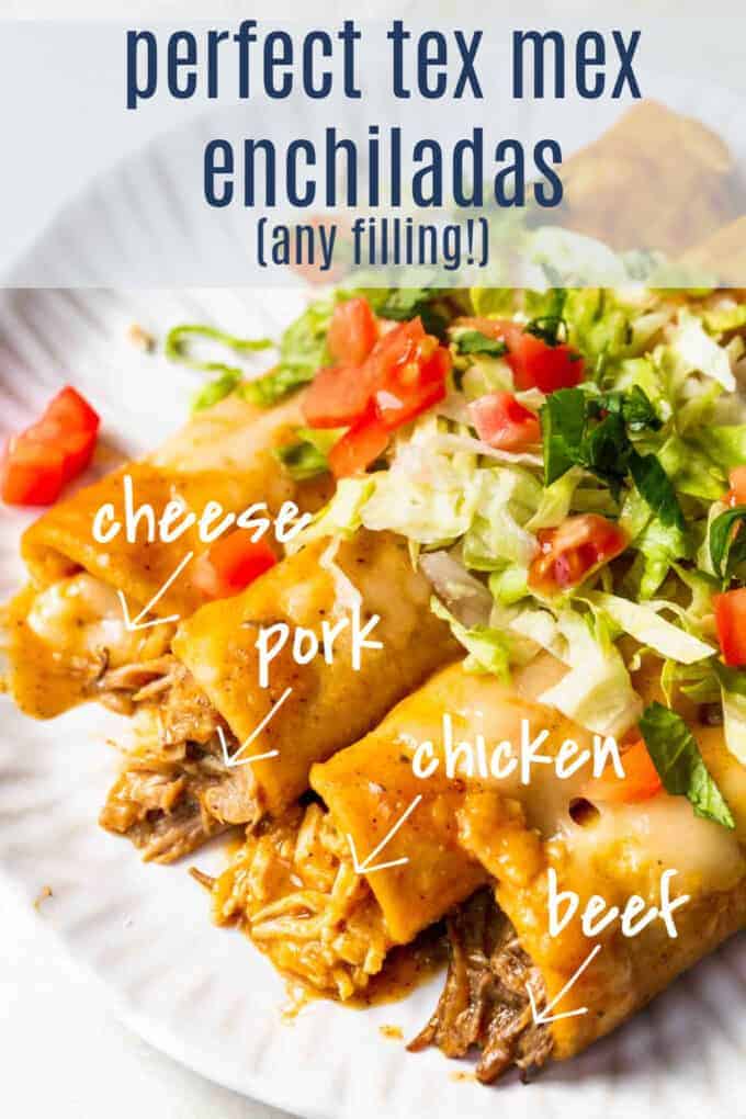 How to make enchiladas with any filling, image showing enchiladas made with chicken, pork, beef, and cheese.