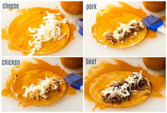 how to make enchiladas using different fillings, showing corn tortillas soaked in enchilada sauce topped with cheese, chicken, pork, and beef.