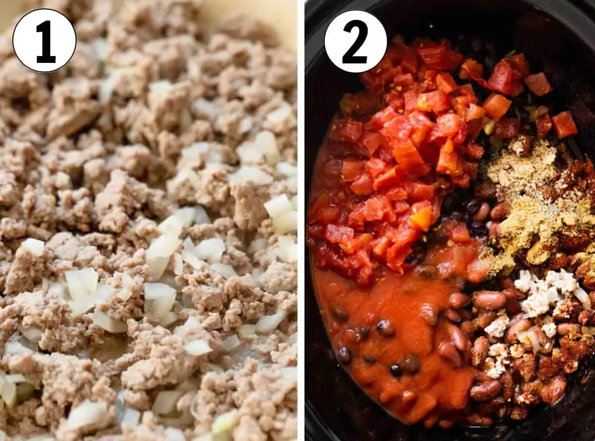 How to make turkey chili in a slow cooker, cooking the meat in the skillet, then adding the ingredients to the slow cooker. 