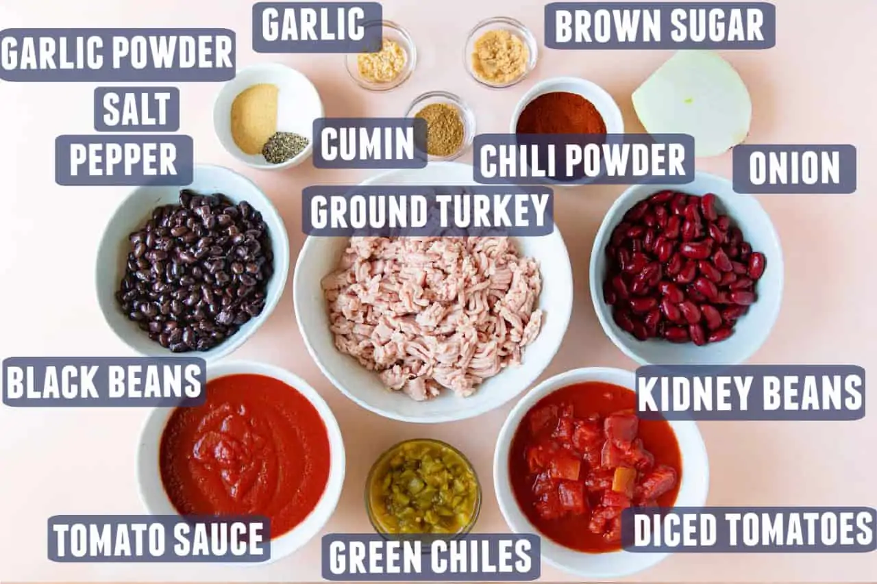 Ingredients needed to make turkey chili laid out on the counter. 
