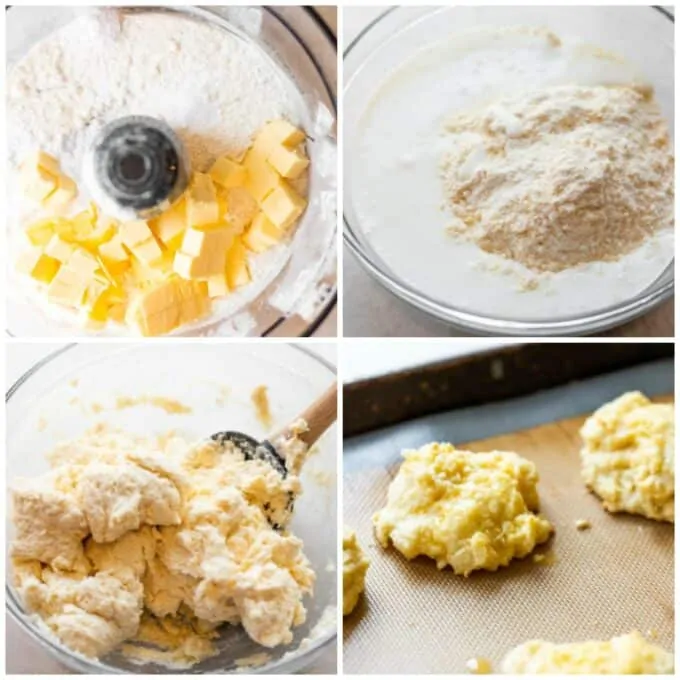 Step by Step collage of how to make buttermilk drop biscuits showing: adding diced butter to dry ingredients in food processor, buttermilk being added, mixed dough, and baked biscuits.