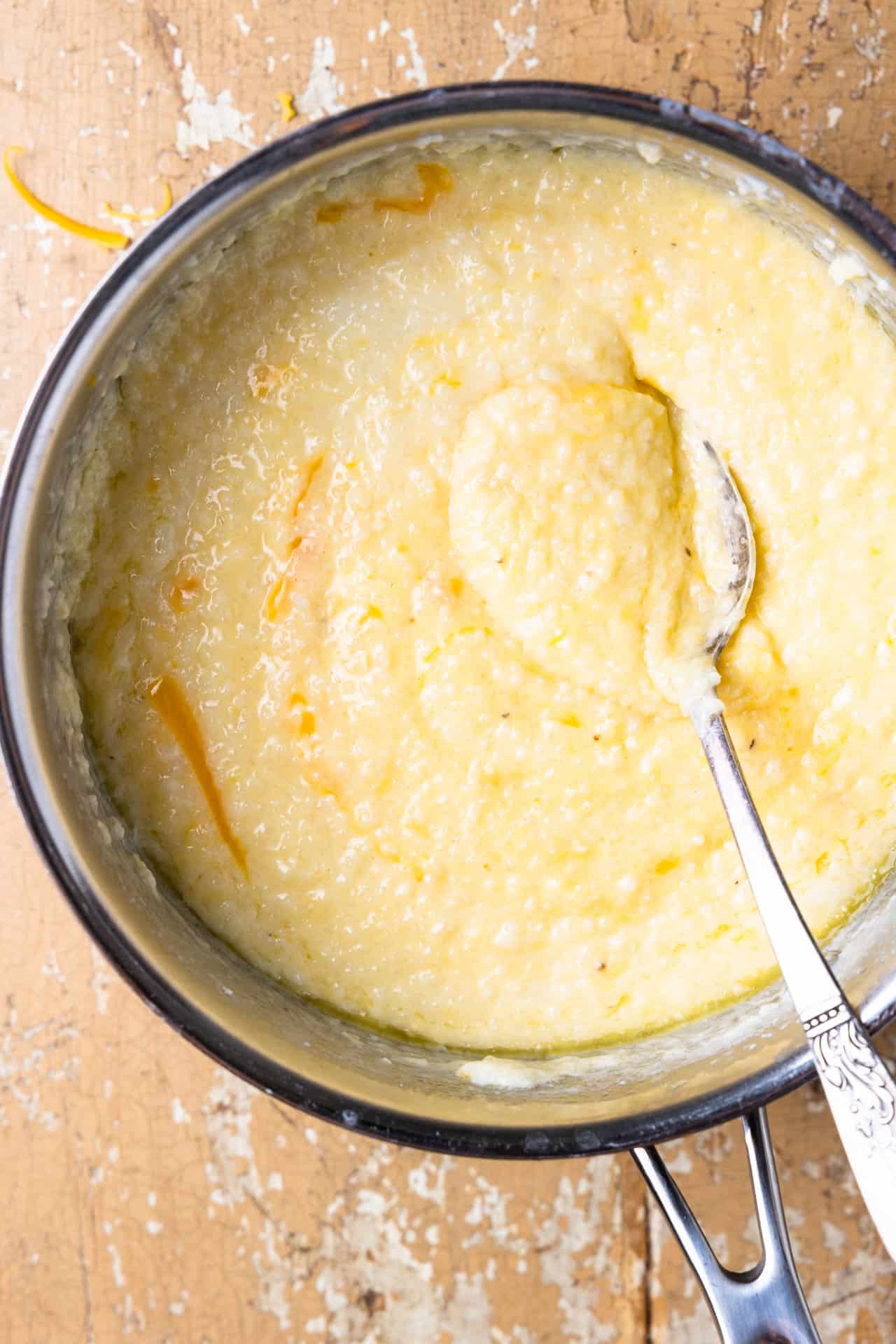 Saucepan filled with creamy southern grits