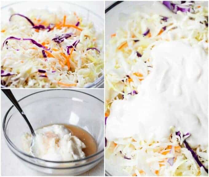 step by step images showing shredded cabbage, dressing being made, and drizzled over the cabbage.