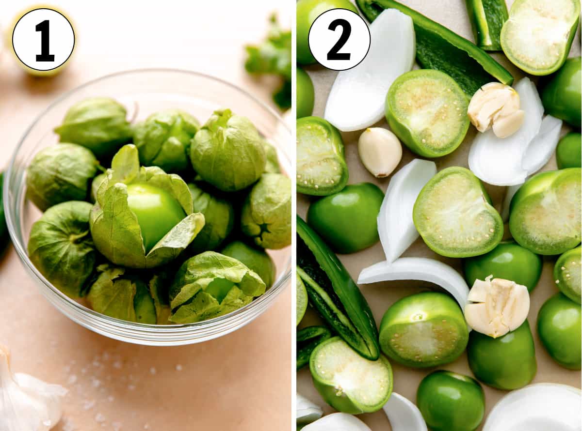 How to make salsa verde, showing peeling tomatillos, and slicing in half and ready to roast ingredients in the oven.