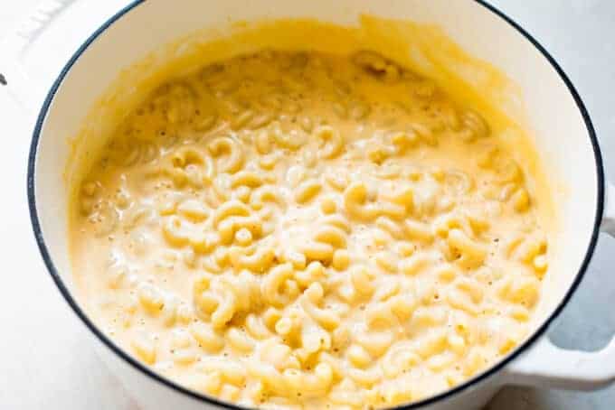 Pot filled with homemade Mac and cheese.